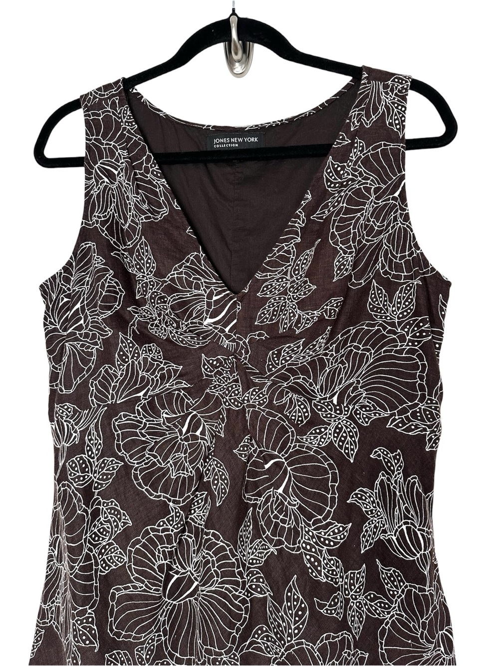 Vintage 100% Linen Chocolate Brown Floral Midi Dress Coastal Comfort Minimalist - Picture 3 of 12